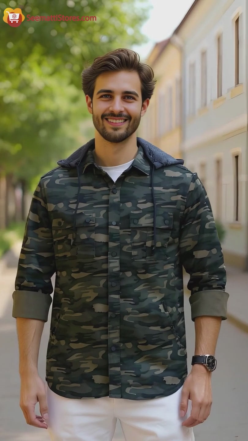 Men Double Pocket Hoodie-Print-Green