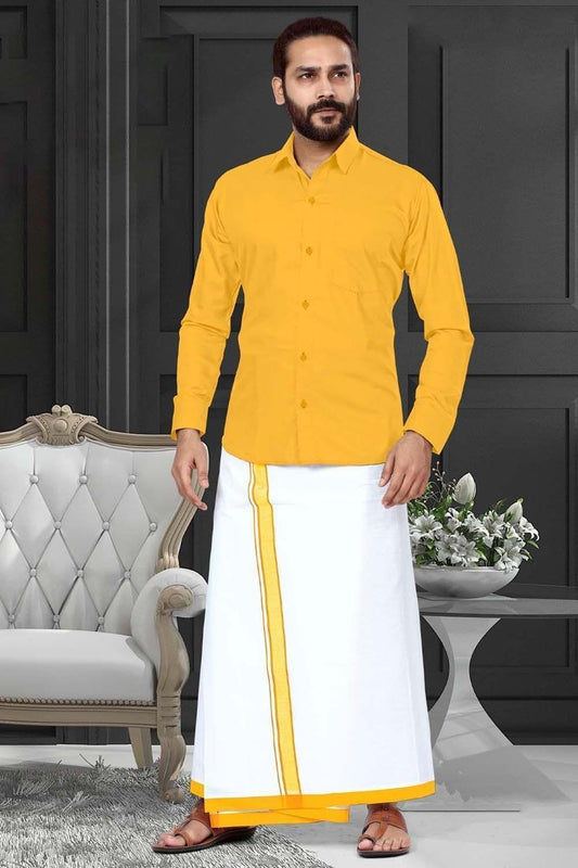 Men Yellow Dhoti Matching Shirt Double Layer