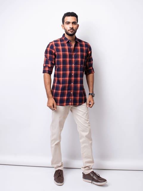 Urbaro Orange Full Sleeve Checks Shirt