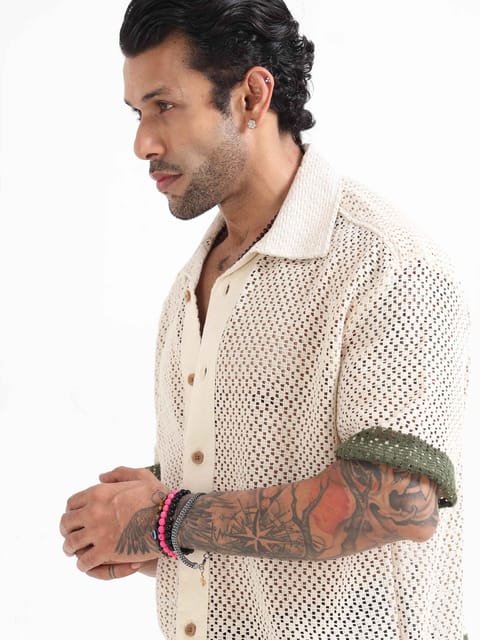 Artisan Crochet Knit Shirt In Green Stripe