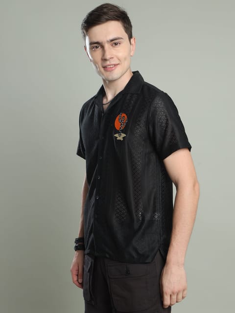 Men Embroidered Textured Shirt-Black