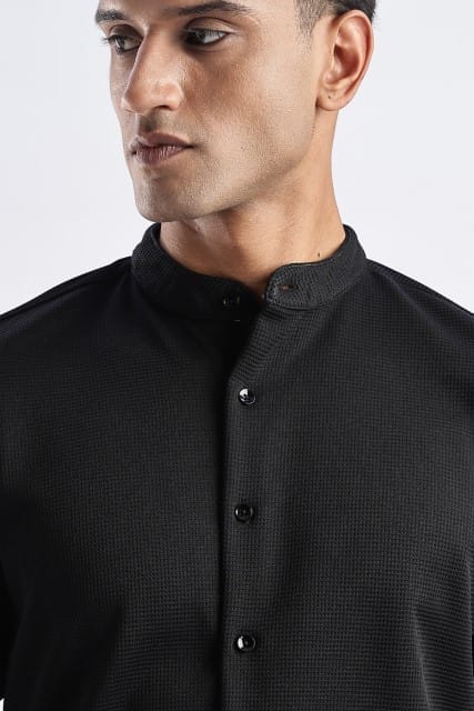 Men Waffle Dobby Shirts Mandarin Collar-Black
