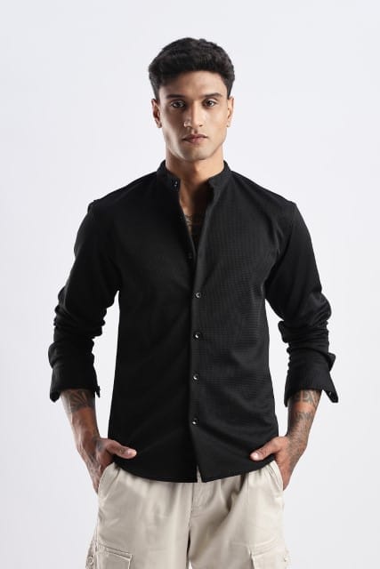 Men Waffle Dobby Shirts Mandarin Collar-Black