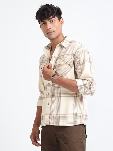 Men Flannel Oversized Shirt-Beige