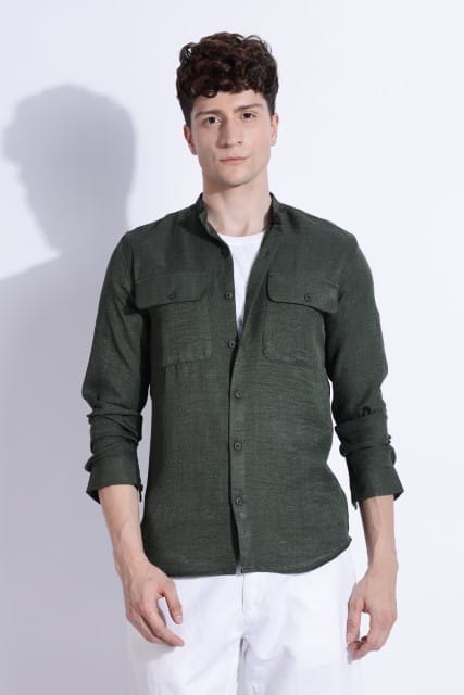 Men Air Linen Like DP Mandarine Shirt-Olive