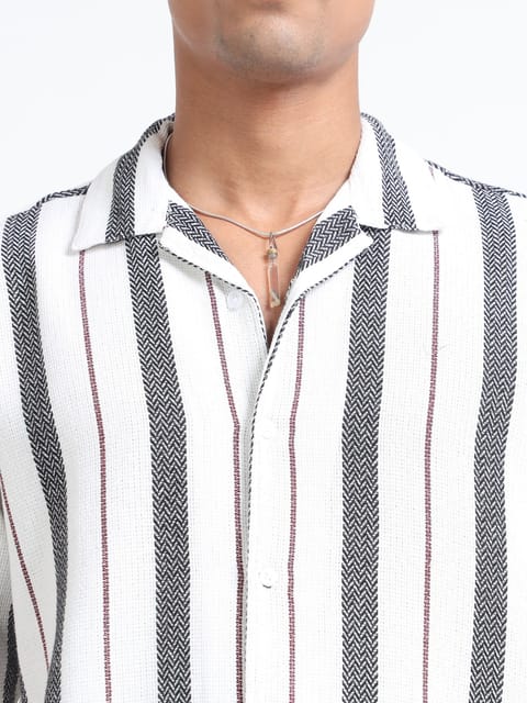 Men Striped Jacquard Oversized Shirt-White & Grey