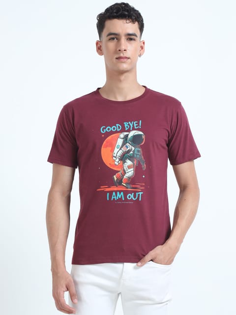 Caslay Sustainable - Good Bye I Am Out - Maroon Crew Neck Printed T-Shirt