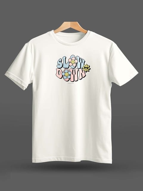 Caslay Sustainable - Slow Down - White Crew Neck Printed T-Shirt