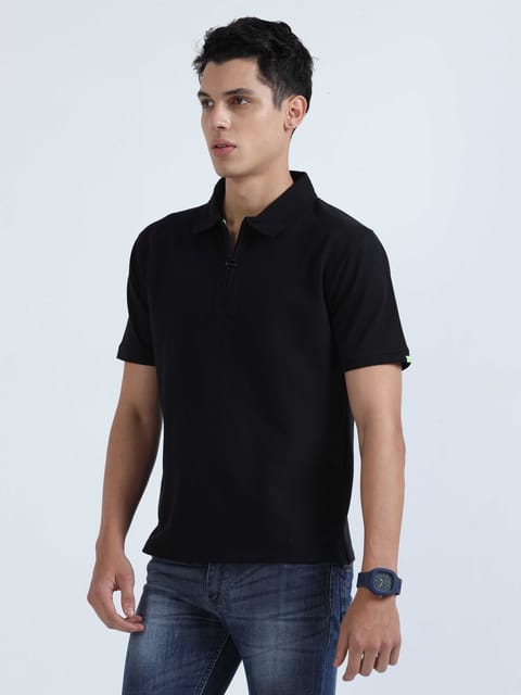 Caslay Sustainable Sweat Polo - Black Solid T-Shirt