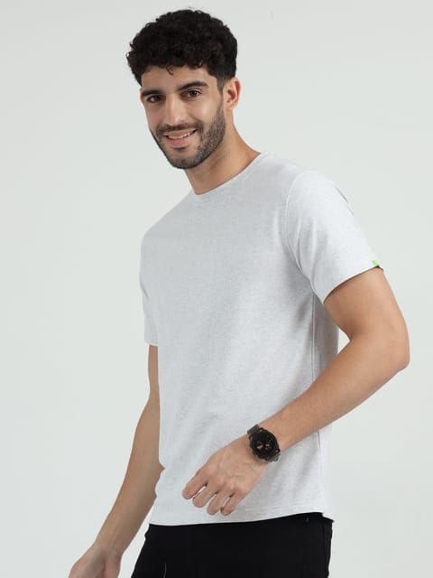 Caslay Sustainable - White Melange Crew Neck Solid T-Shirt